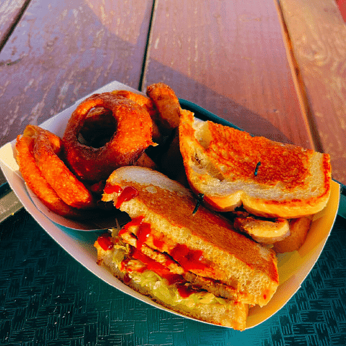 Grilled cheese sandwich and onion rings served on a plate.