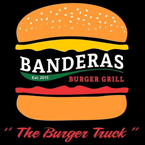 Stylized graphic of a burger with "Banderas Burger Grill" text as ingredients.