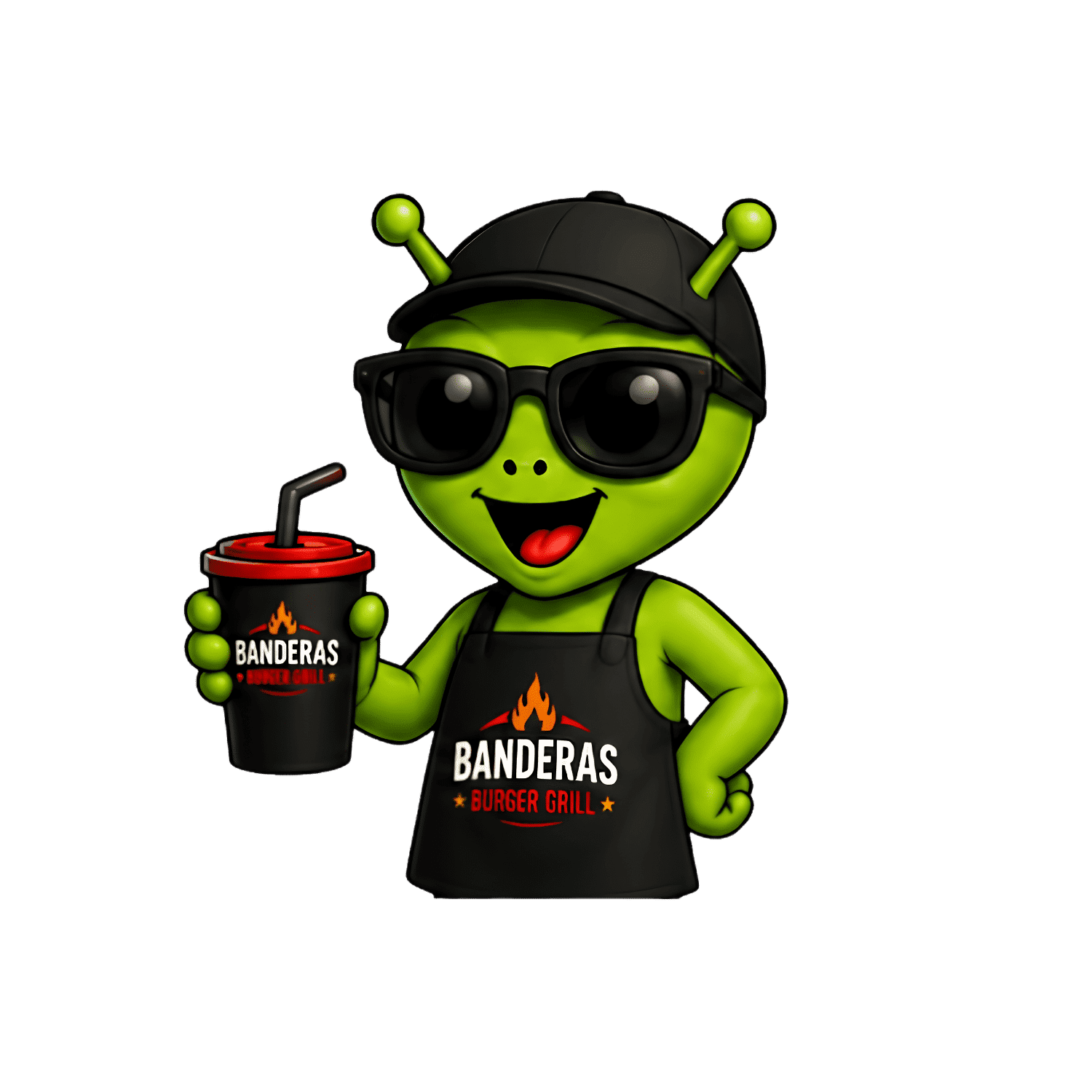 Alien mascot for Banderas Burger Grill holding a drink, wearing sunglasses and a cap.